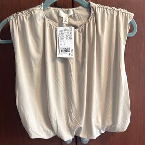 H&M Cream Elastic-Hem Gathered Neck Cap-Sleeve Blouse